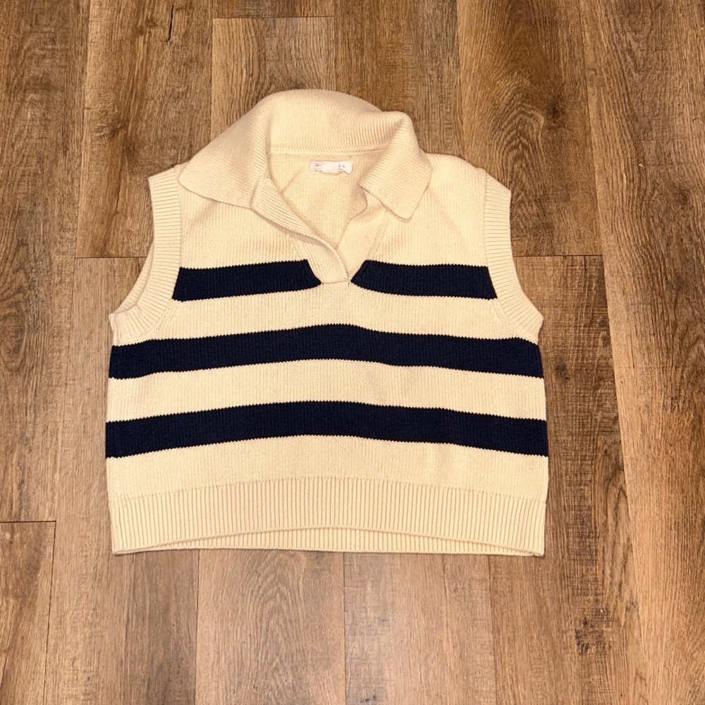 Velvet Graham & Spencer Cream Navy Striped Cotton Cashmere Polo Sweater Vest M